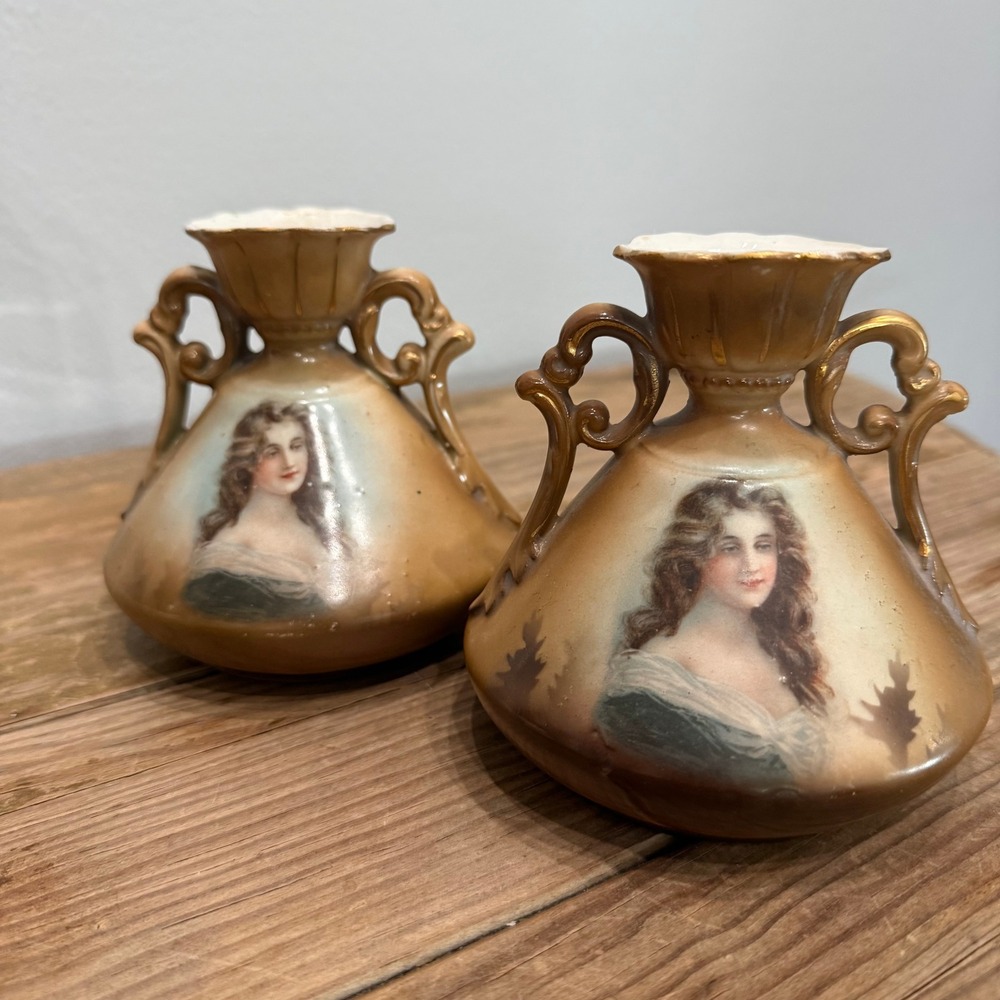 Antique Victorian Austria Porcelain Vases Hand Painted Portrait Gilded Pair 4074